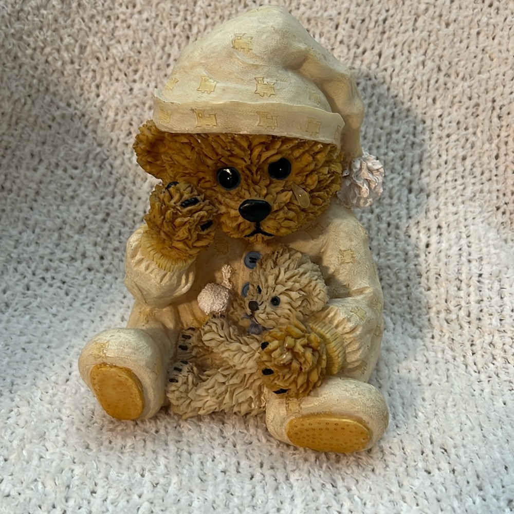 Crying Bear Figurine Holding Baby Bear With Bandage Yellow Pajamas Resin Bank